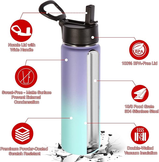 Volhoply 24oz Insulated Water Bottle With Straw Bulk 4 Pack,Metal Wide Mouth Water Bottles With Handle Keep Cold,Reusable Double Wall Thermos,Powder Coated Sport Bottle For Holder(Purple Blue,4 Count)