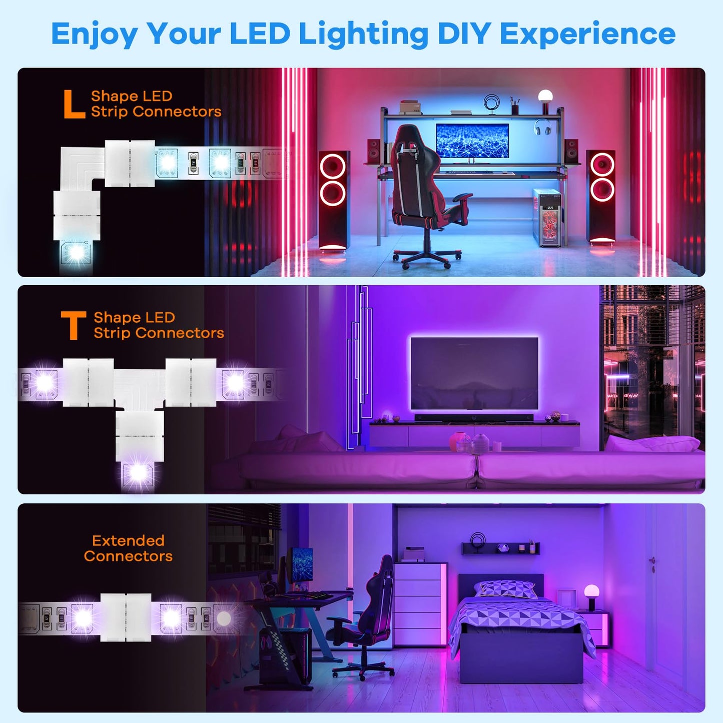 Pmxary 42Pcs 4 Pin Led Strip Connectors Kit For 8Mm Wide Rgb Led Strip Light  Includes 8 L-Shaped  4 T-Shaped  And 30 Solderless Led Light Connectors Clips  Easy For Diy Lighting Projects