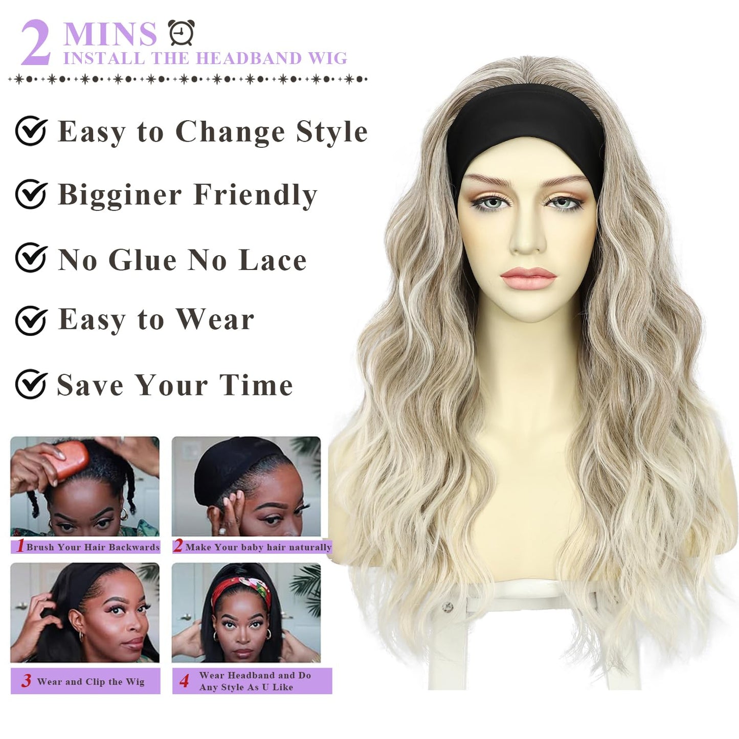 SAPPHIREWIGS Headband Wig for Women Body Wave Synthetic Headband Wig Highlight Brown with Tips Glueless Heat Resistant Fiber Nat