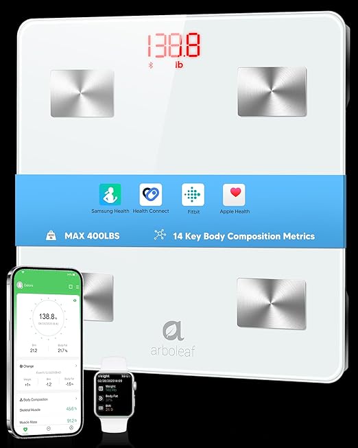 arboleaf Smart Scale for Body Weight and Fat, Bluetooth Digital Bathroom Scale, Body Composition Analyzer with App, 14 Met...
