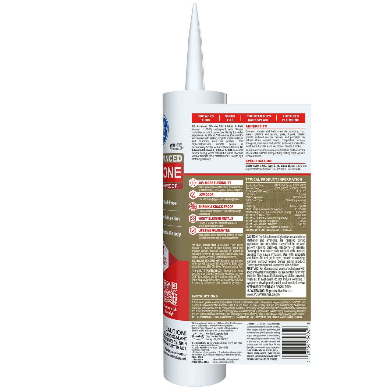 GE Advanced Silicone Caulk for Kitchen & Bathroom, White, 10 fl oz Cartridge, 1 Pack - 100% Waterproof Silicone Sealant, 5X Stronger Adhesion, Shrink & Crack Proof