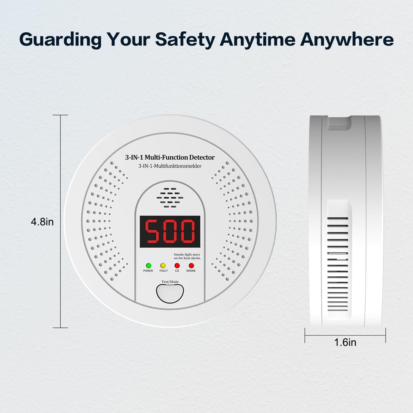 3 in 1 Multi Gas Detector Smoke Carbon Monoxide and Heat Detector 10 Year Battery Powered CO Alarm with Clear LCD Display and Audible Alarm for Home Safety and Protection Includes Battery
