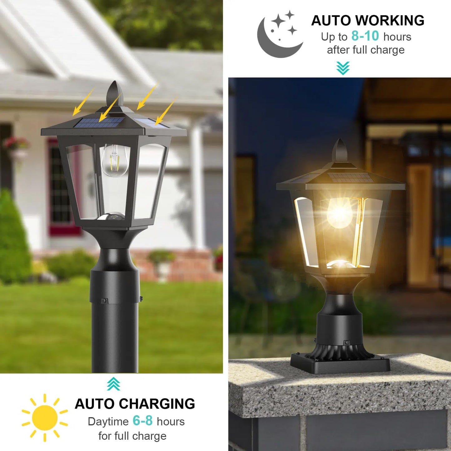 Greluna Solar Post Lights, 3000K Dusk to Dawn Outdoor Lamp, Waterproof, Pier Mount Base, Warm White, Model PL007