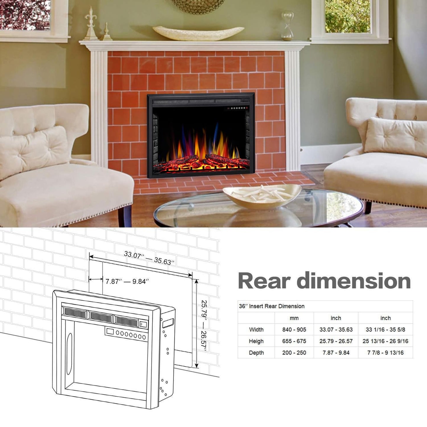 R.W.Flame A-36 Electric Fireplace Insert ,Recessed Electric Stove Heater,Touch Screen,Remote Control,750W-1500W With Timer & Col