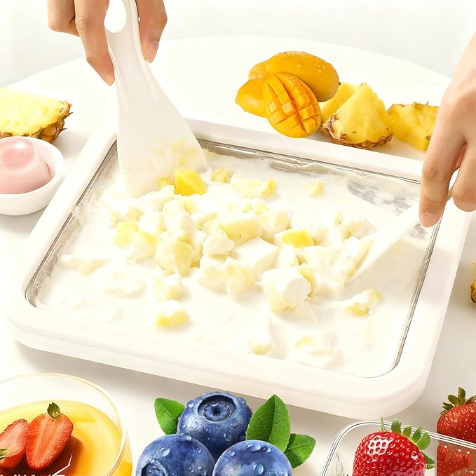 Rolled Ice Cream Maker, At-Home Rolled Ice Cream Machine with Instant Freeze Tray & 2 Scrapers,DIY Fun Family Activity Instant Ice Cream Maker for Yogurt, Sorbet (White)
