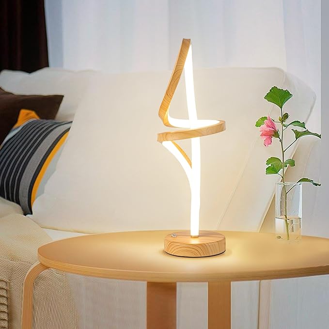 Mayful Modern LED Spiral Table Lamp, RGB Wood Grain Bedside Light with 7 Colors 10 Modes, Touch Dimmable Nightstand for Bedroom Living Room Home Office, 15W