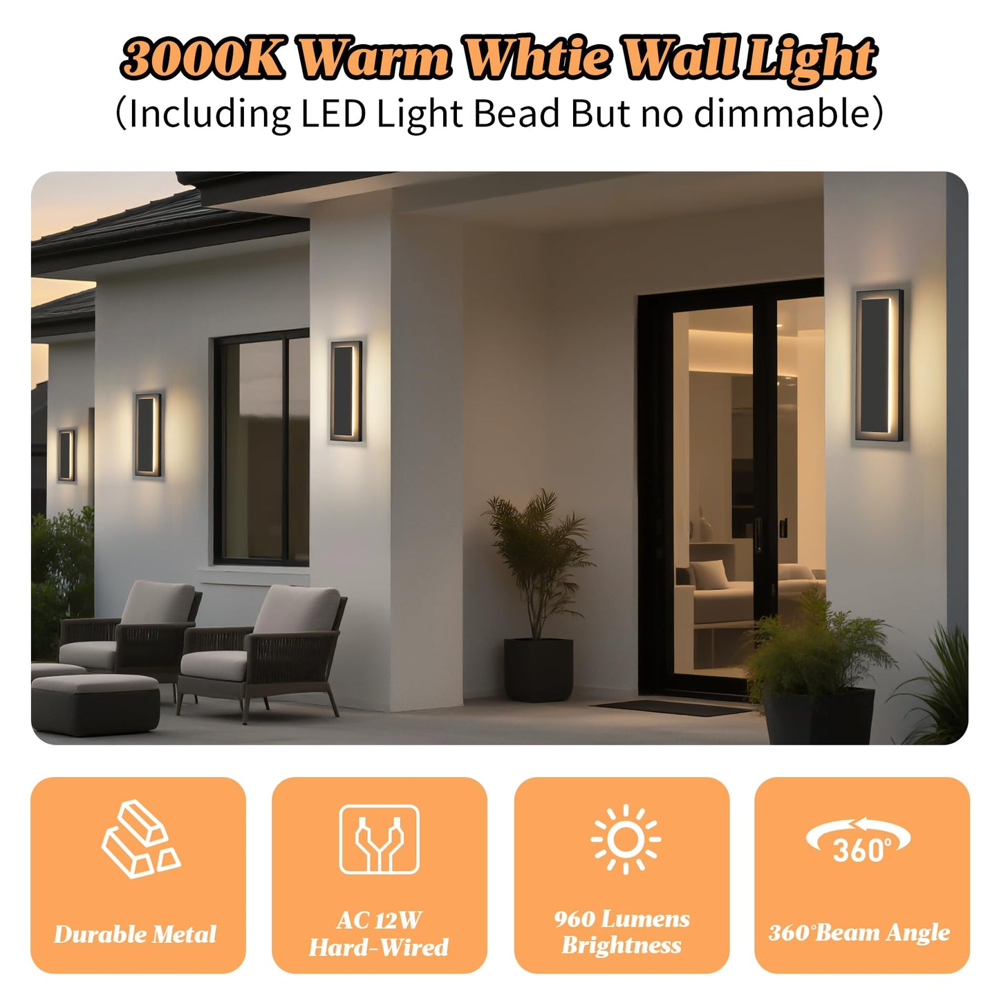 Zsmaiku 4 Packs Modern Exterior Lighting Fixtures  Black Led Outdoor Porch Wall Light  16 In Long Outside Lights For House  Front Door  Patio  Waterproof Outdoor Sconce Lights  3000K Warm White 12W