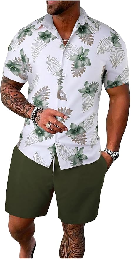 GORGLITTER Men's Hawaiian Matching Set Summer Beach 2 Piece Outfits Flower Button Down Shirts and Shorts Set