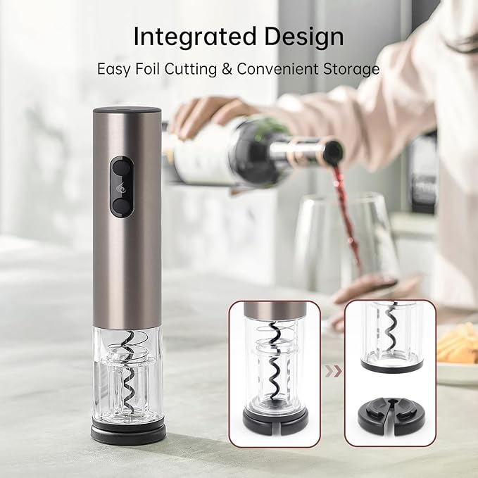Rechargeable Wine Opener by ELMWAY, Electric Wine Bottle Opener with Foil Cutter, LED Light and Stainless Steel Shell, Cordless Corkscrew & Cork Remover, Gifts for Wine lover- Black