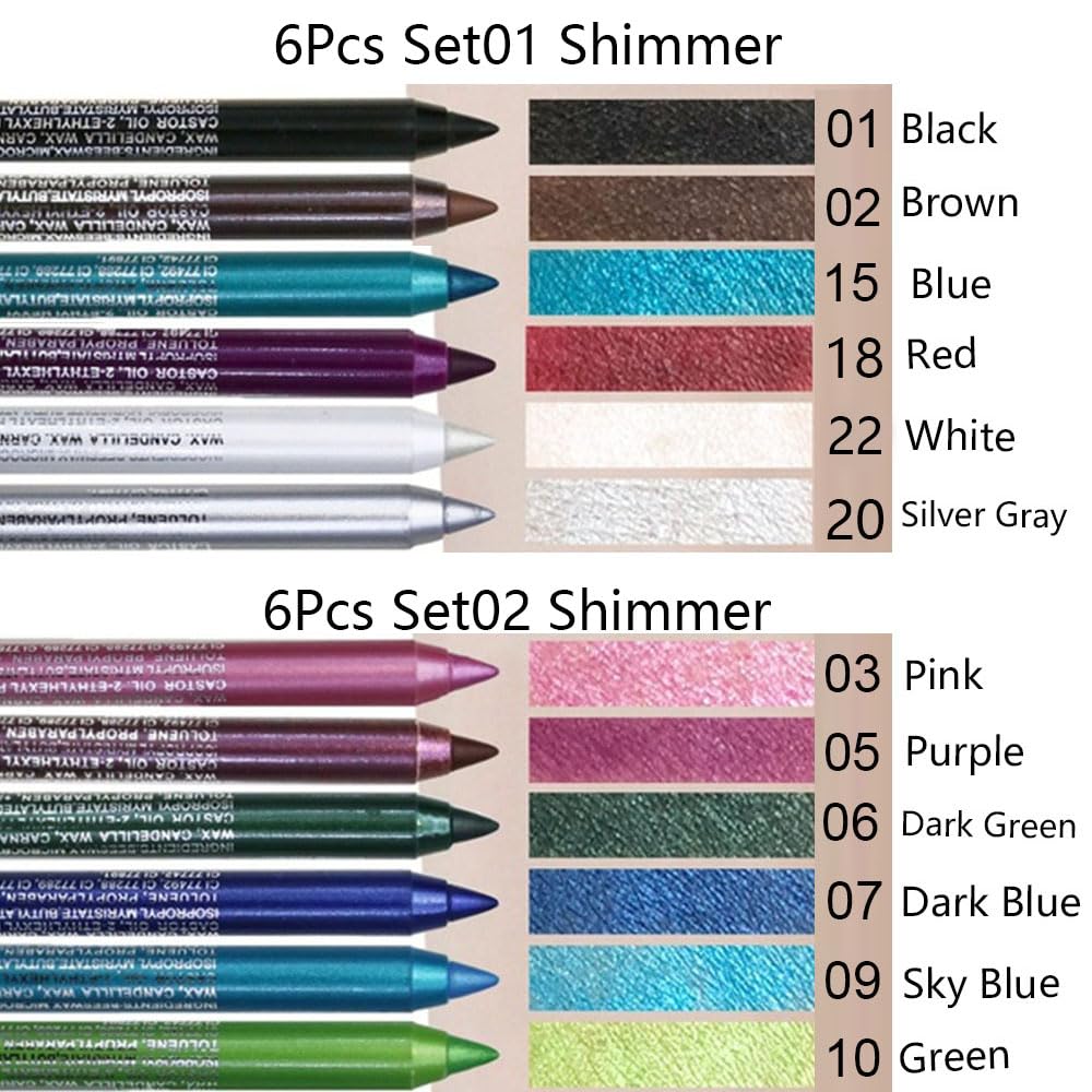 Kaely 6Pcs Glitter Gel Eyeliner Pencil Set for Women, Color Eye Liner Waterproof Smudge Proof with Sharpener, High Pigmented Eye