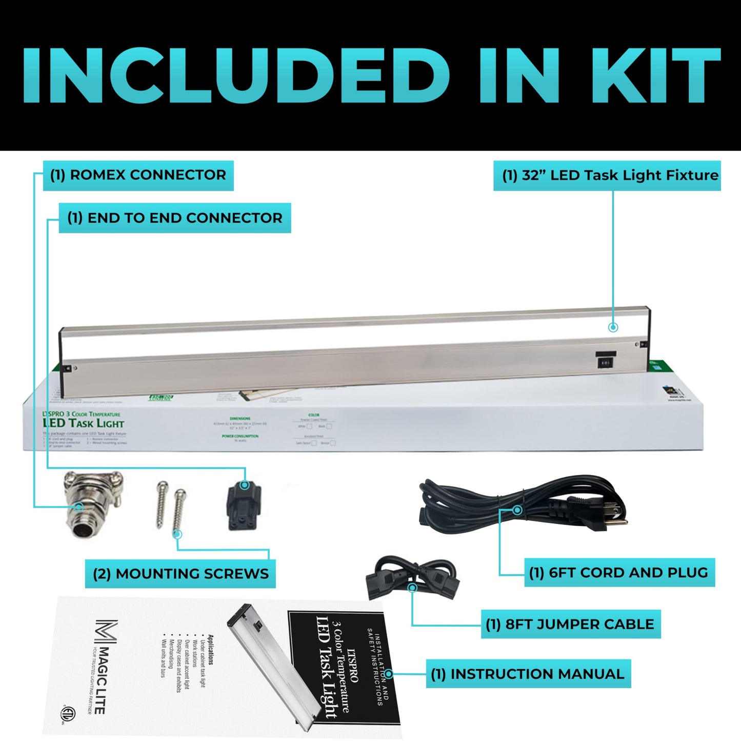 Led Under Cabinet Lighting Hardwired - Linkable Undercabinet Lights For Kitchen - 3Cct 32 Inch Satin Finish - Undercounter Dimmable Plug In Light Or Hard Wired - Under Counter Fixture Direct Wire