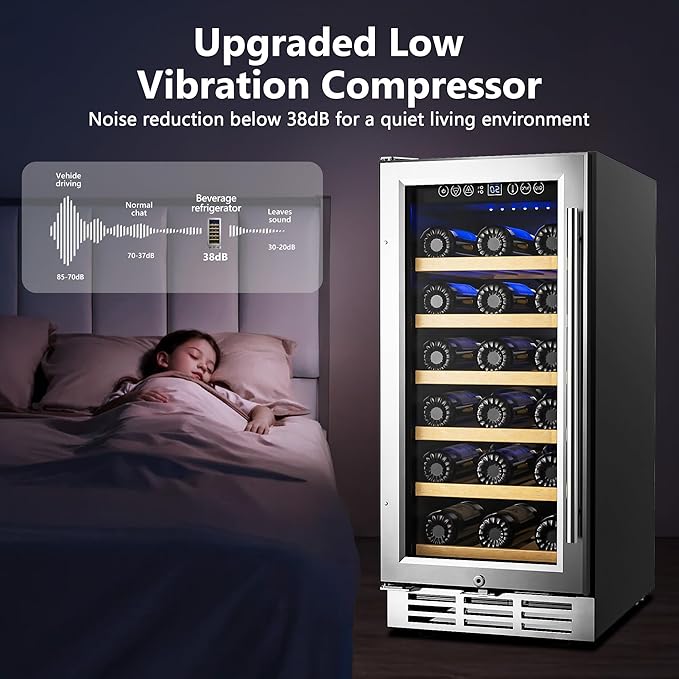 15 Inch Wine Cooler Refrigerator, 30 Bottle Wine Fridge with Removable Shelves, Wine Fridge Under Counter for Built-In or Freestanding, Wine Refrigerator with Double-Layer Glass Door, for Home, Office