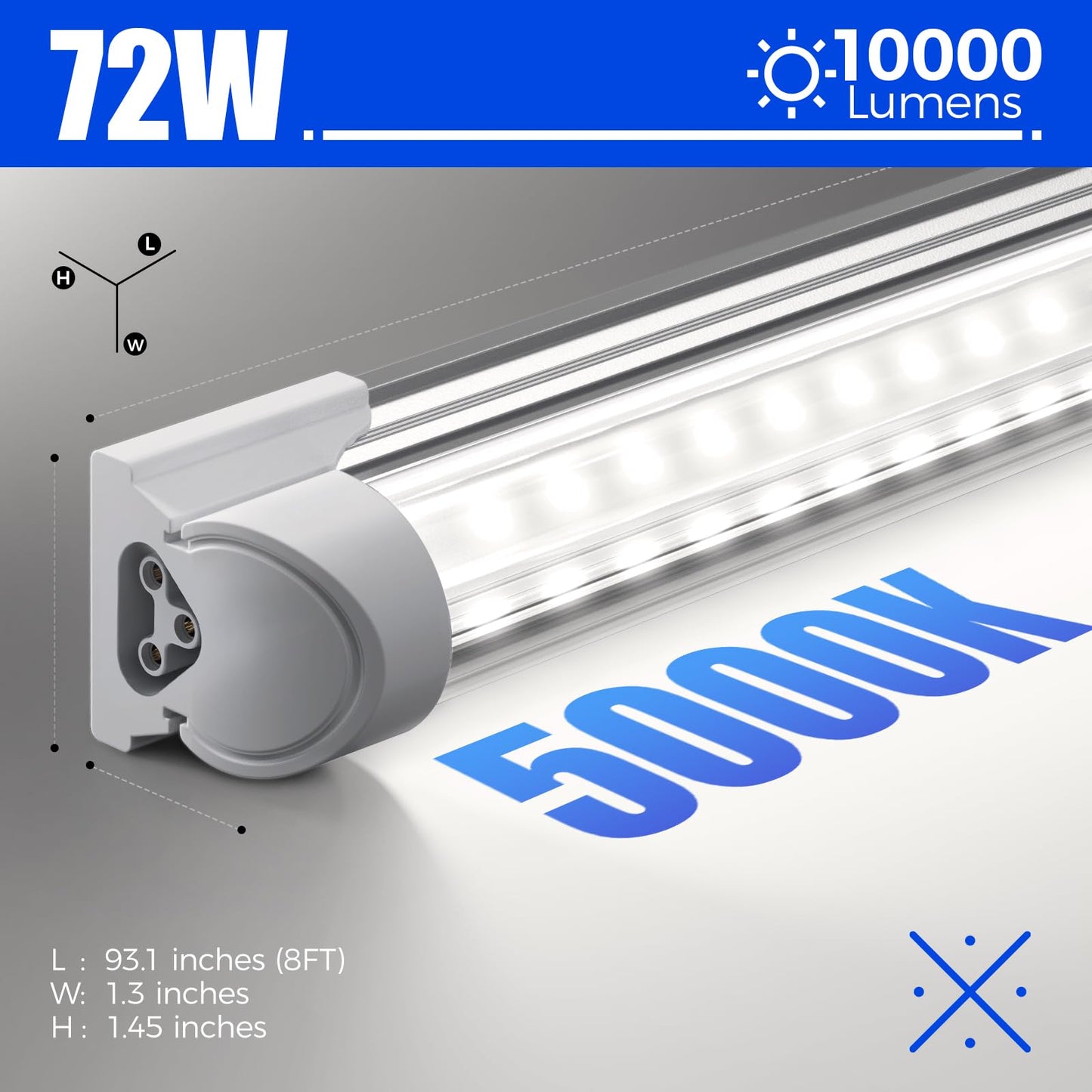 Barrina 8FT LED Shop Light Fixture, 72W 10000lm, Daylight White, Aluminum, V Shape, 6 Packs
