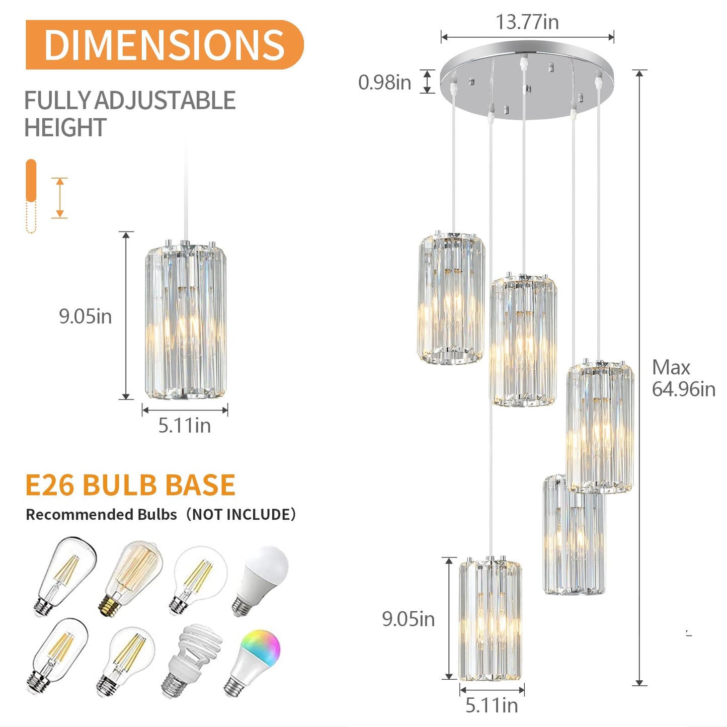 Zhllmq Chrome Pendant Lighting Modern Pendant Light  Mini Crystal Chandeliers Adjustable Pendant Light Fixture For Kitchen Island Dinning Room Corridor Bedroom(Gold 5-Light)