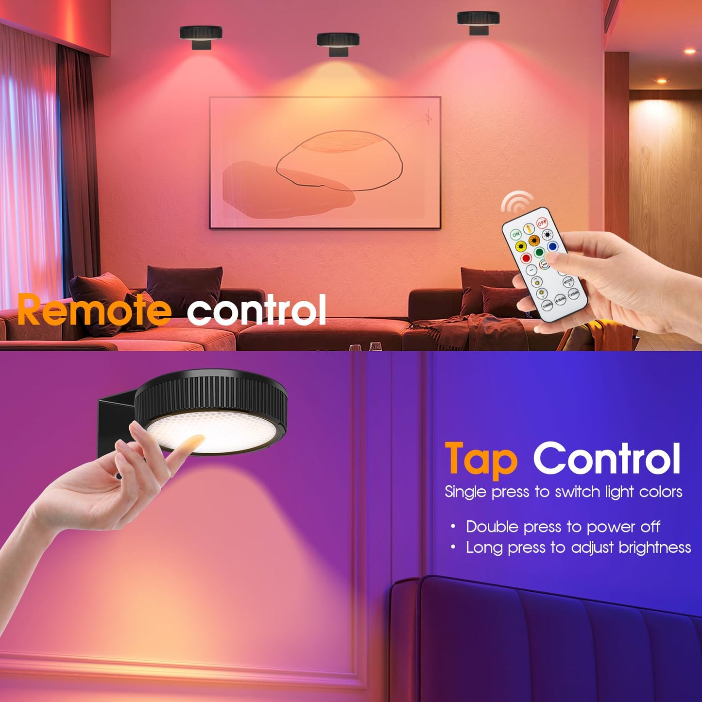 SIXDEFLY RGB Magnetic Suction Spotlight - Battery-Powered, Wireless, Remote Control, Adjustable Timer, 6 Pack, Black