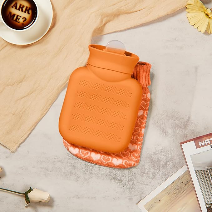 Amylove Mini Hot Water Bottle 320ml for Hot & Cold Compress with Cover Silicone Microwave Heating Small Water Bag for Travel Pain Relief Holiday Gifts(Orange)