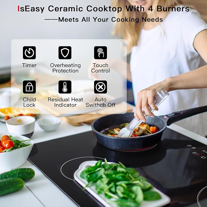 Electric Cooktop 30 inch Ceramic Stove 4 Burners 6700W Built-in Stove Top Electric Hot Plate Satin Glass cooktop in Black Touch Sensor Control/Timer/Child Safety Lock/9 Power Levelsr/220-240V