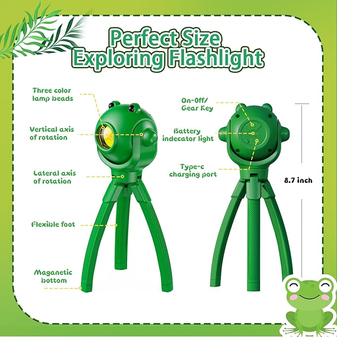 TOLYS Frog Kids Flashlight – Rechargeable LED Torch with 8 Color Modes, USB-C, Fun Flashlight for Boys & Girls, Perfect for Parties, Camping & Outdoor Adventures