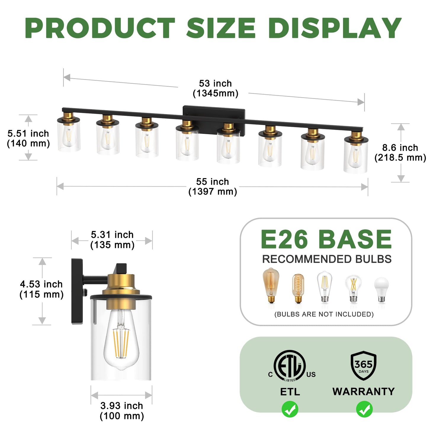 Doresshop 55 Inch Bathroom Light Fixtures  8-Light Black And Gold Bathroom Lighting Fixtures Over Mirror With Glass Shade  Modern Vanity Lights For Hallway Bedroom