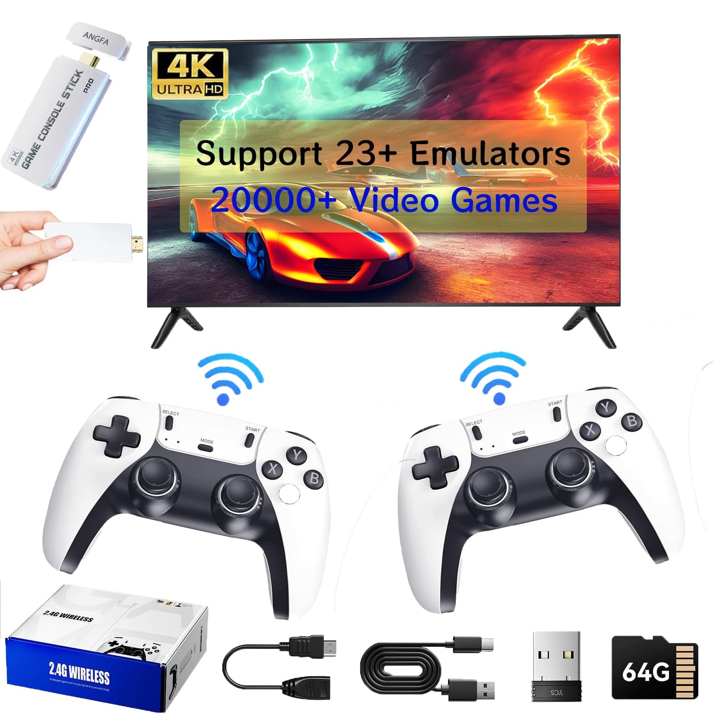 2025 Upgraded Wireless Retro gaming console, Plug & Play Video TV Game Stick with 4K Ultra HD,Built-in 23 Emulators, 20,000+ video games with Dual 2.4G white Wireless Controllers for TV Plug and Play(64G)