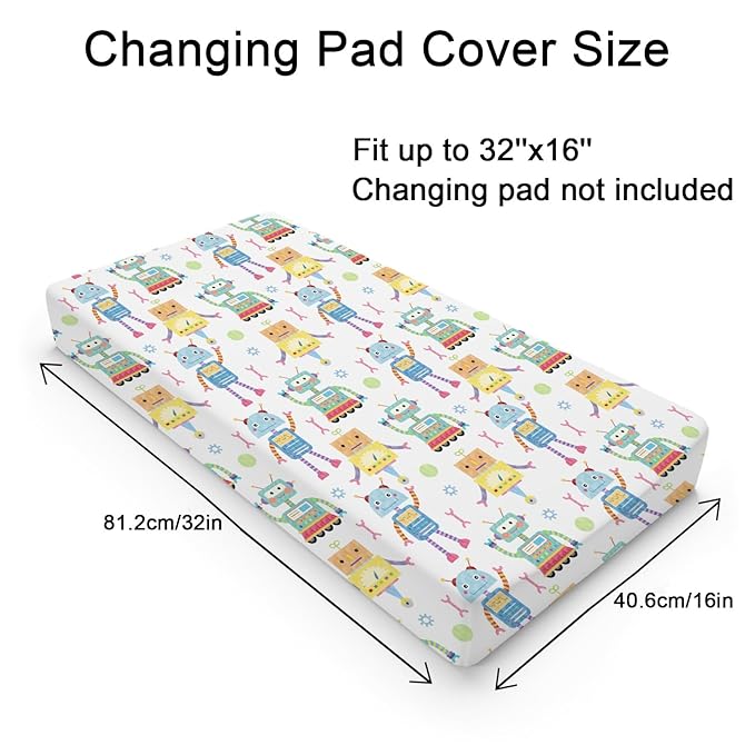 Cartoon Robots Changing Pad Covers Cute Robots Baby Diaper Changing Table Cover for Boys Girls Robots Nursery Decor Ultra Soft Breathable Stretch Changing Table Sheets Mats 32''x16''
