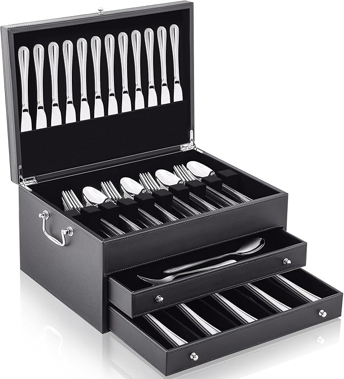 Leather Silverware Storage Box Flatware Storage Case with Felt Lined Leather Flatware Chest Silverware Organizer with Lid for Tableware Utensils Silver(3 Layer)