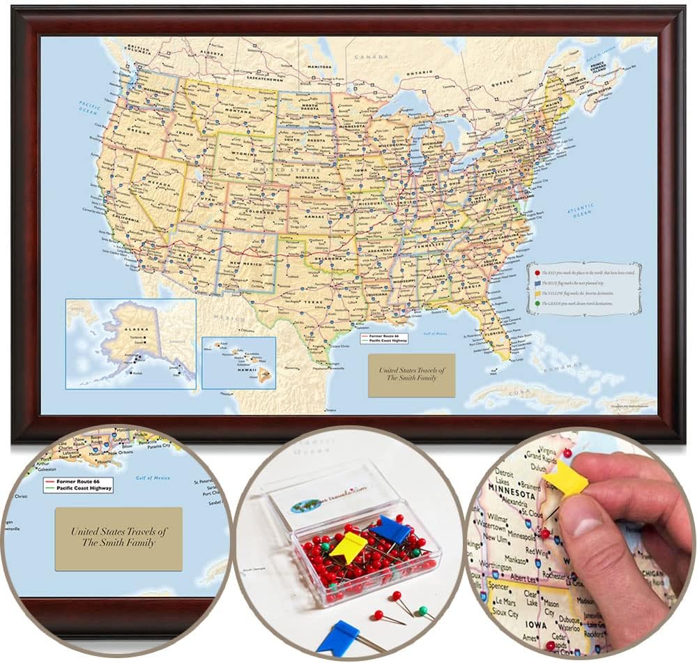 Map Your Travels Personalized U.S. Traveler Wall Art | Premium Wood Frame | Detailed USA Wall Art | Framed size 33"x21"