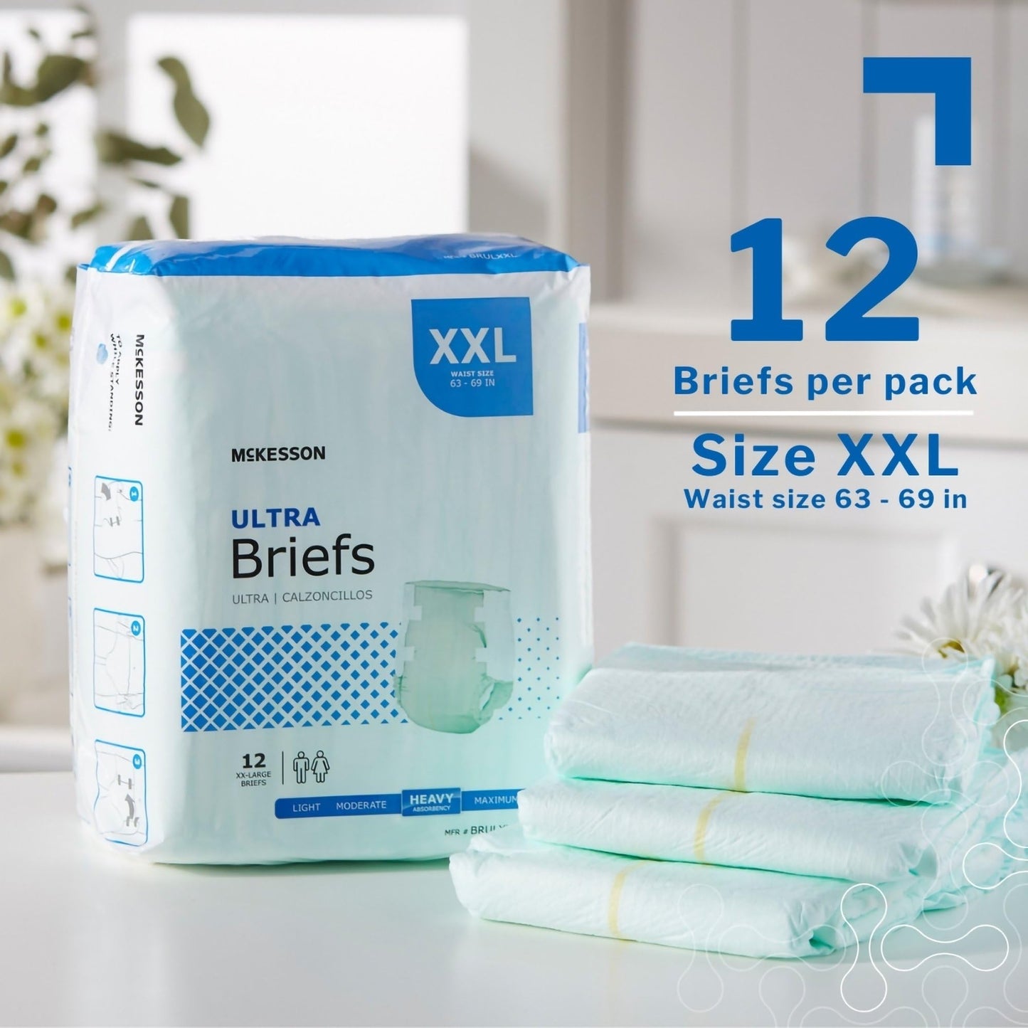 McKesson Ultra Briefs, [48 Count], XXL, 63-69 in. Incontinence Adult Diapers with Tabs, Heavy Absorbency, Unisex, Disposable, Elastic Leg Gathers and Contoured Fit for Men and Women