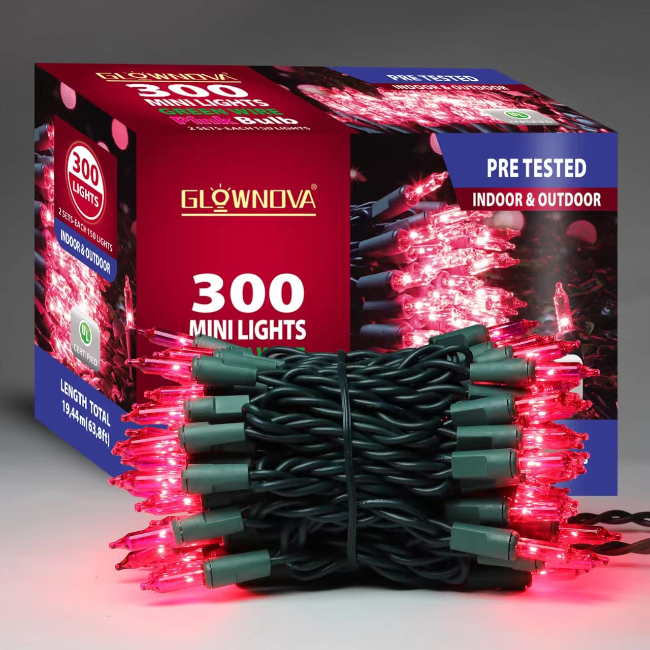 Glownova Green Wire  Pink Incandescent Bulb 300 Mini String Lights For Indoor Christmas Tree Garland Birthday Wedding Party Festival Decoration