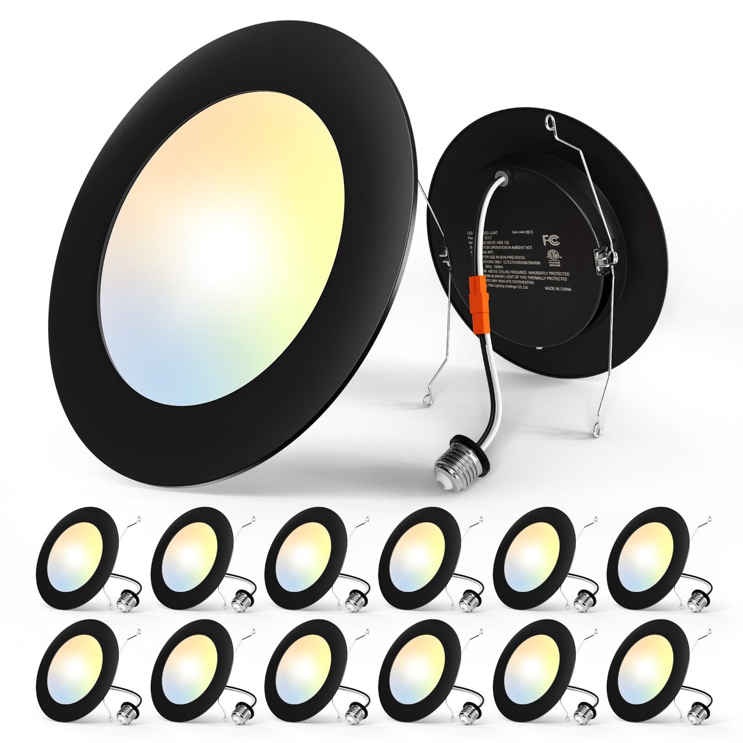 Amico Recessed Lighting 5/6 Inch, 12 Pack 5CCT Flat LED Can Lights, 2700K/3000K/4000K/5000K/6000K Selectable,12W Eqv 110W, 1050LM Brightness, Retrofit Installation - ETL & FCC, Black