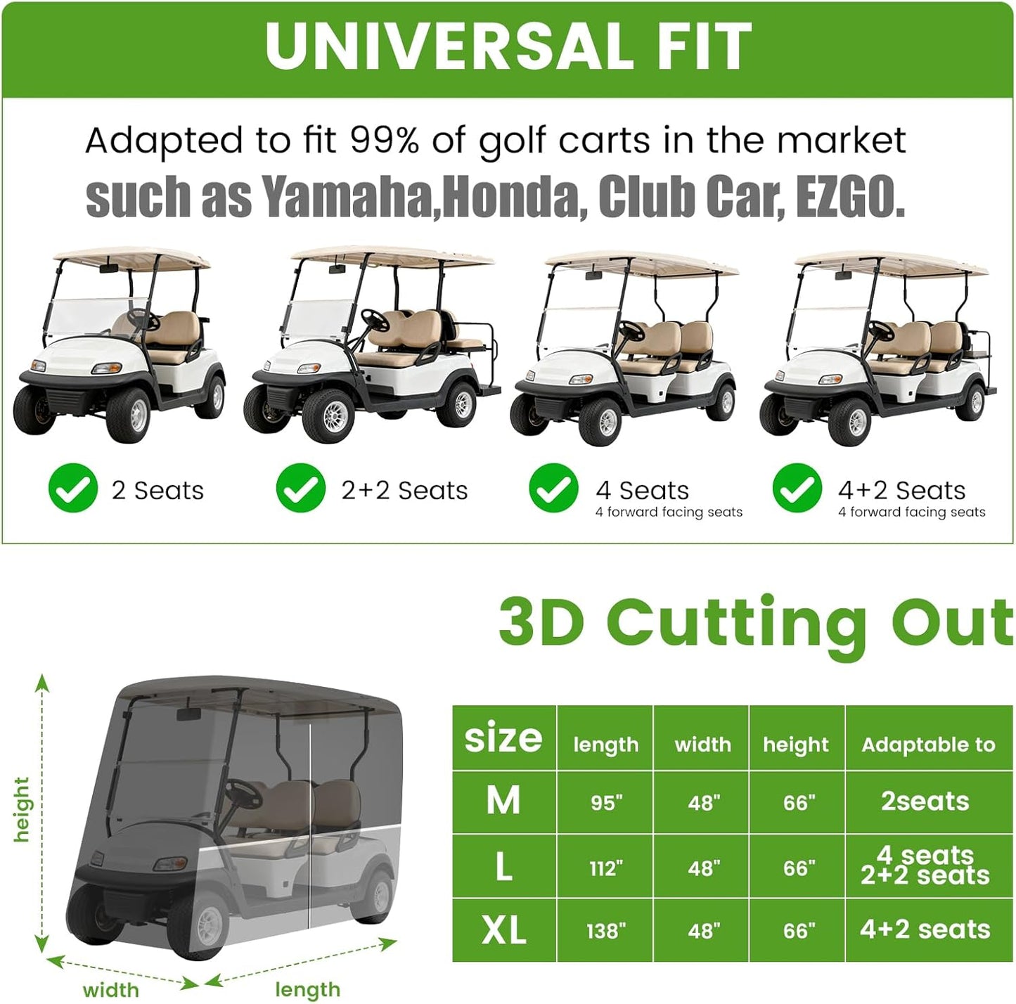 Waterproof Golf Cart Cover - Heavy Duty 420D Oxford Fabric, Universal Fit for 2 Passenger Yamaha/Club Car/EZGO, All-Weather Protection