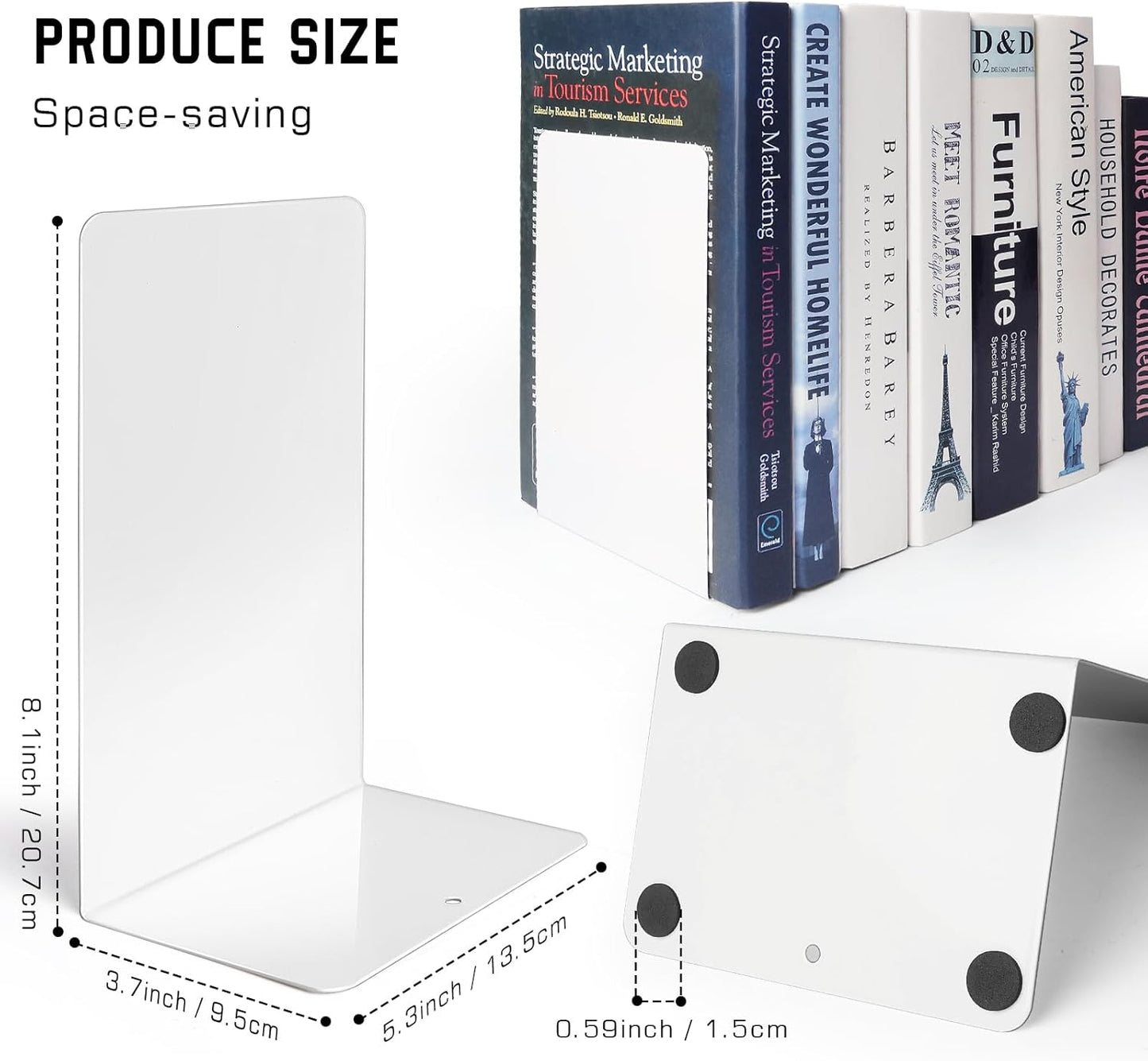 VONDERSO Metal Bookends, 4 Pairs White Metal Book Ends Heavy Duty for Shelves Decor Home Office, Unique White Bookends Supports Anti-Slip for Kids