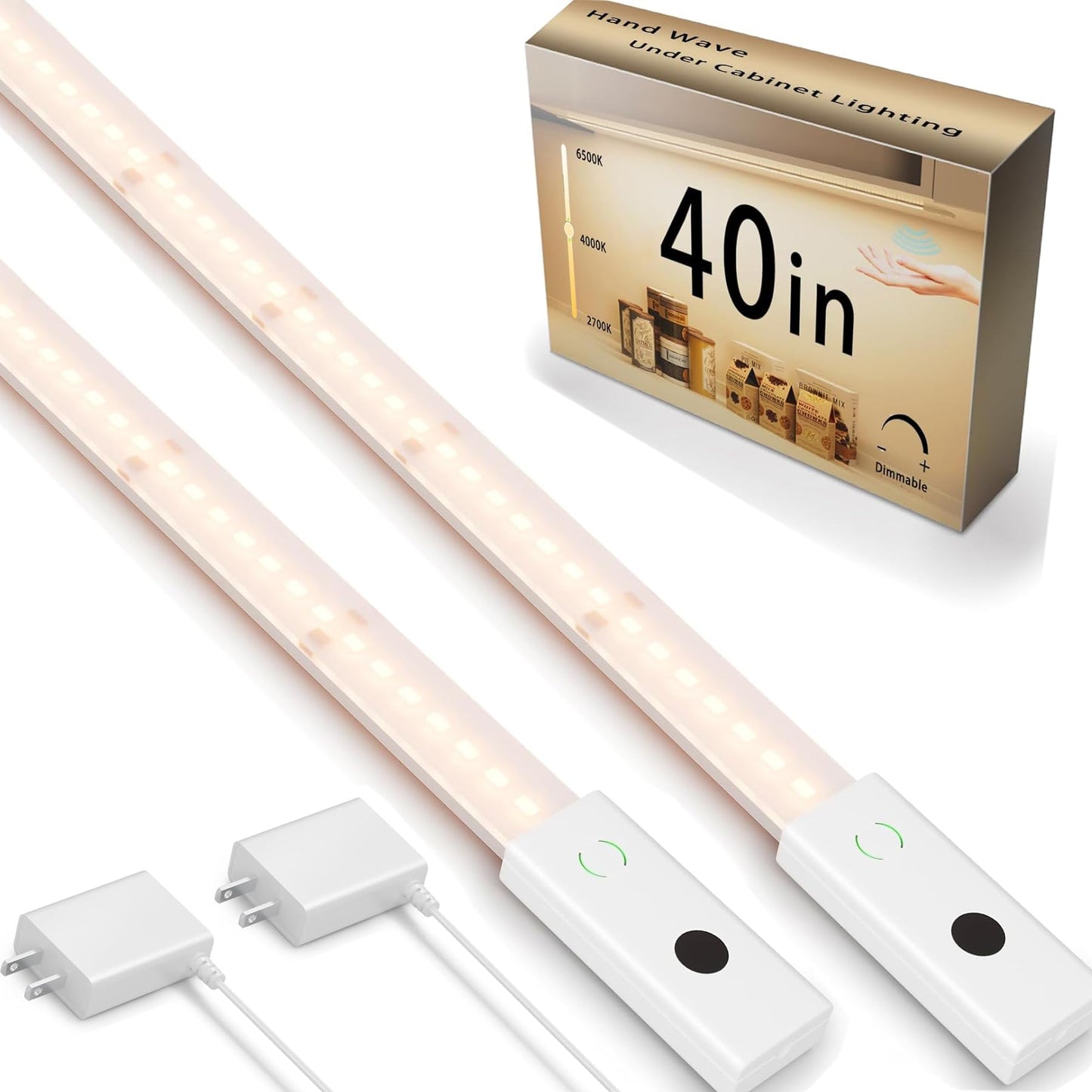Under Cabinet Light With Hand Wave 40 Inch 1090Lm 2-Pack Under Cabinet Lighting Plug In 3 Colors Undercabinet Lights For Kitchen Stick On Led Under Counter Lights For Cabinet Desk Shelf