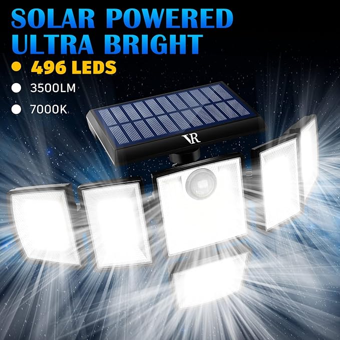 Solar Motion Sensor Flood Lights Outdoor - 496LEDs 3500LM 3 Lighting Modes 3 Levels Brightness, 6 Heads 360° Illumination, IP65 Solar Security Lights,for Porch Yard Patio Garage(3 Packs)