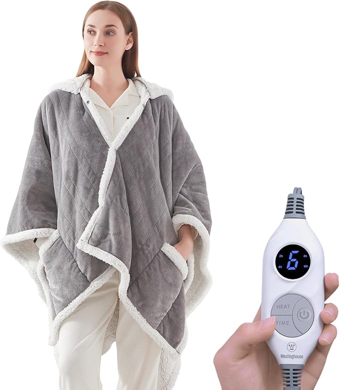Westinghouse Wearable Heated Throw Blanket, Electric Heated Wrap Poncho Shawl with Pockets, 6 Heating Levels & 2 to 10 Hou...