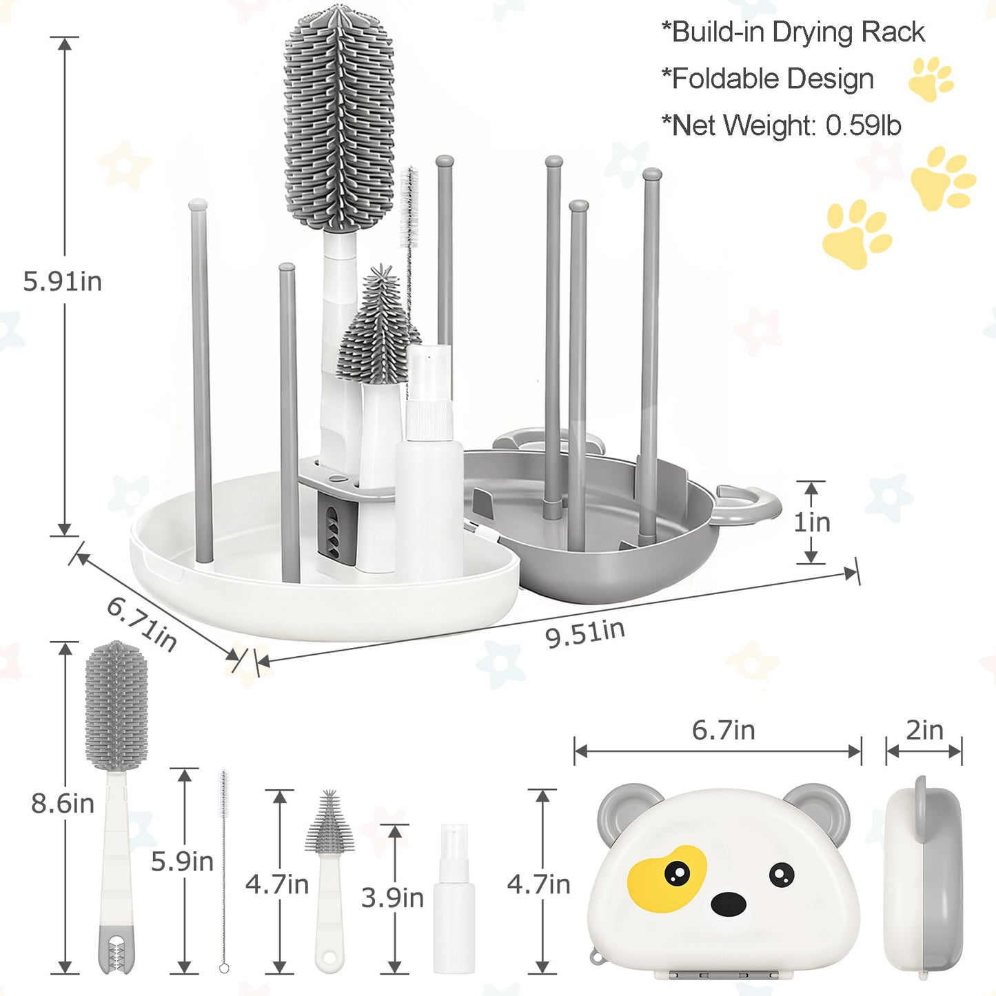 Baby Bottle Brush Set - 7 in1 Travel Bottle Cleaner Kit with Silicone Brush, Nipple Brush, Straw Brush, Bottle Drying Rack, Soap Dispenser, Storage Box, Baby Travel Essential Gift for Parents (Grey)