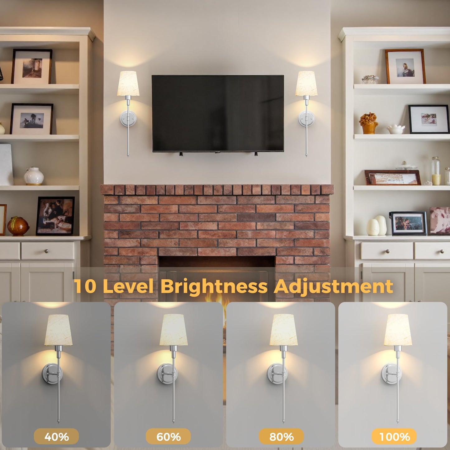 DORESshop Battery Operated Wall Sconce Set of 2, Chrome and Linen, 24.6 Inch, Wireless Easy Install, Wall Decor for Bedroom and Living Room