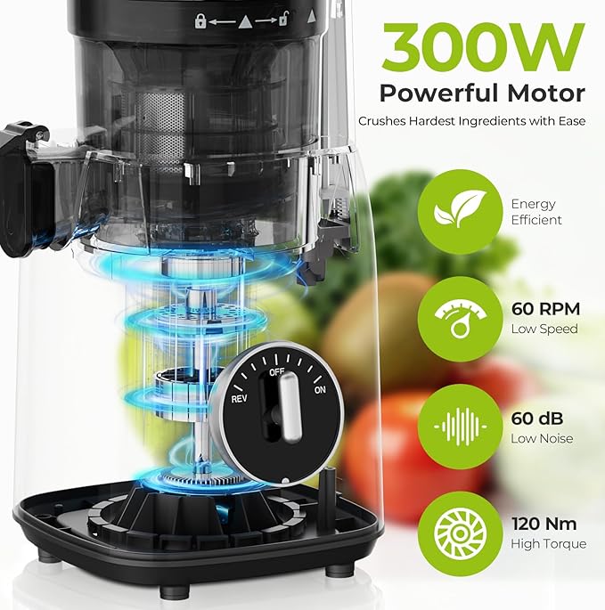 Cold Press Juicer, 5.4" Extra Wide Feed Chute Juicer Machines for Whole Vegetables & Fruits, 98% High Juice Yield, Easy Clean & Install, Compact Slow Masticating Juicer with 300W, Silver