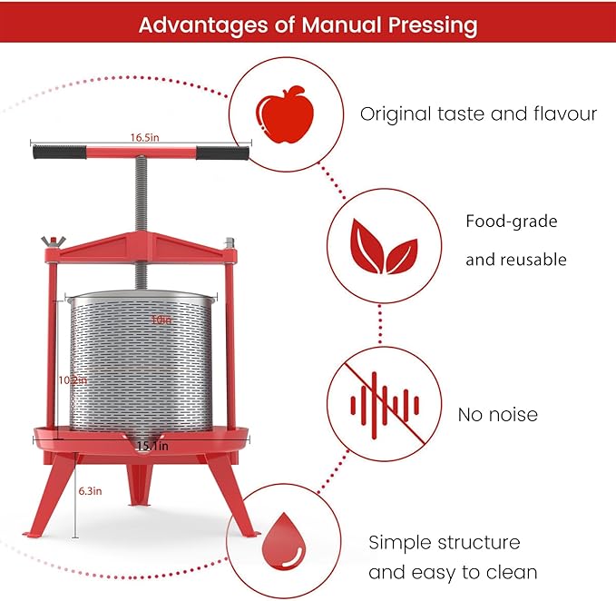 EJWOX Fruit Wine Press 3.69 Gal - Heavy-duty T-Handle & Cross-beam, Stainless Steel Juice Maker for Apple, Grape, Home Brewing