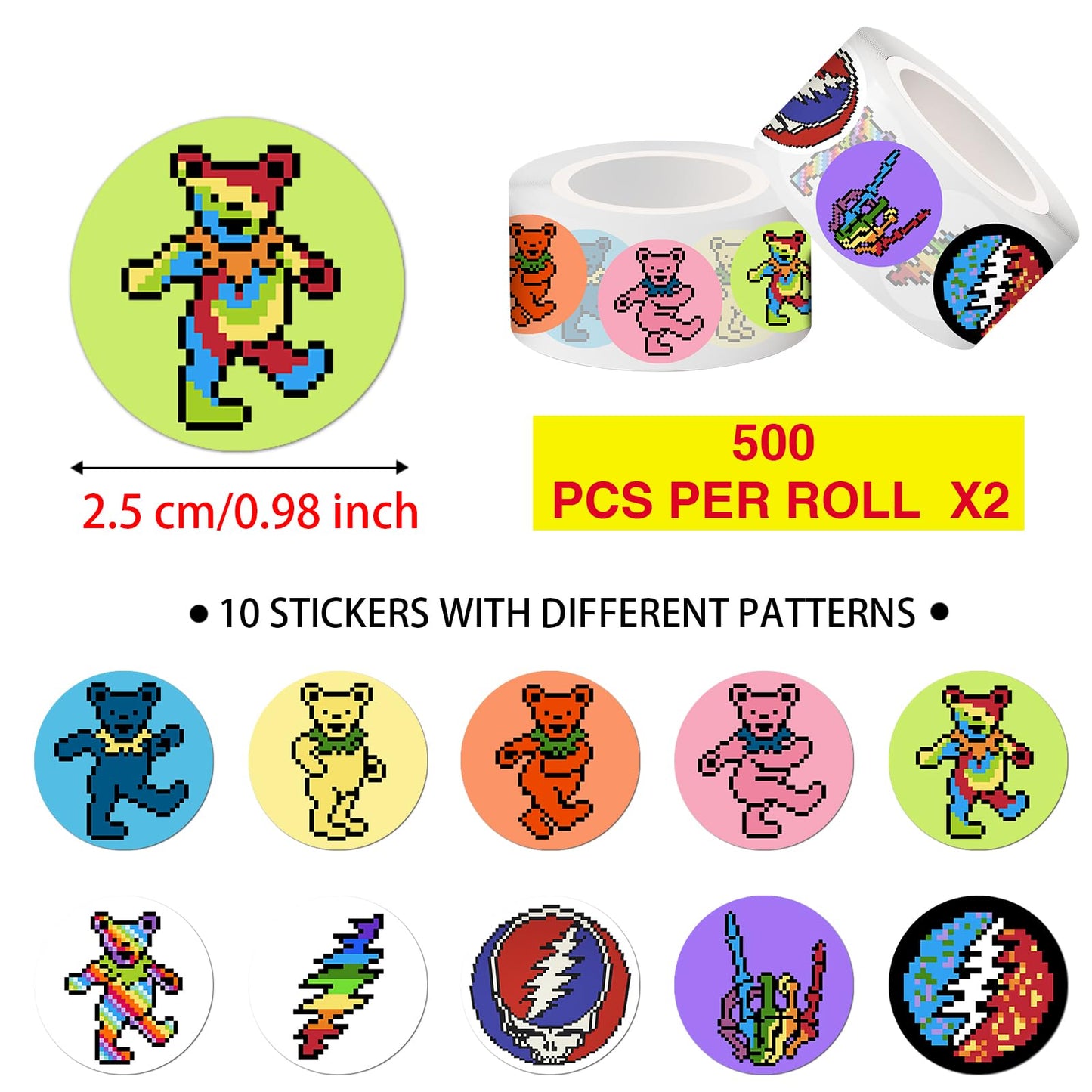 Babymiu Cute Pixel Dancing Bear Rock Dot Stickers Roll(1000 pcs) Rock Band Cartoon Sticker Decoration Decal Gifts Merch Party Supplies in 2 Rolls with 10 Patterns for Laptop Window Luggage Skateboard