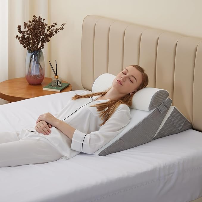 3Pcs Orthopedic Bed Wedge Pillow Set, Foam Wedge Pillow Post Surgery for Back, Leg and Knee Support, Adjustable 9&12 Inch Folding Triangle Pillow for Sleeping, Acid Reflux, Snoring, White/Grey