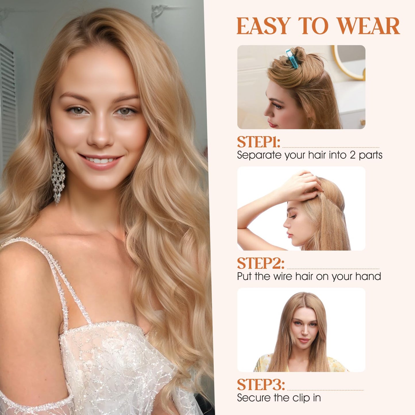 S-noilite Wavy Halo Hair Extensions Real Human Hair,16Inch Invisible Wire Hair Extensions,2 Clips Halo Extensions for Women(Gold