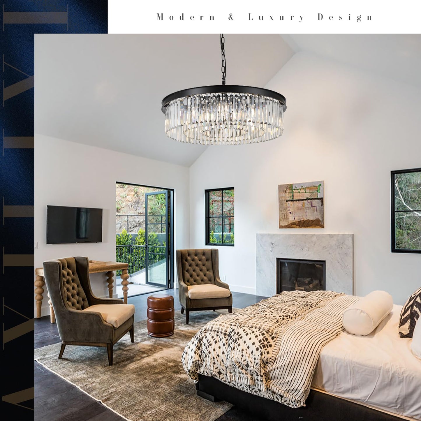 A AXILIXI 30in  Modern Crystal Chandelier, 12-Light, Black Metal, K9 Crystal, Model 88317, Ideal for Living Room, Dining Room, Foyer