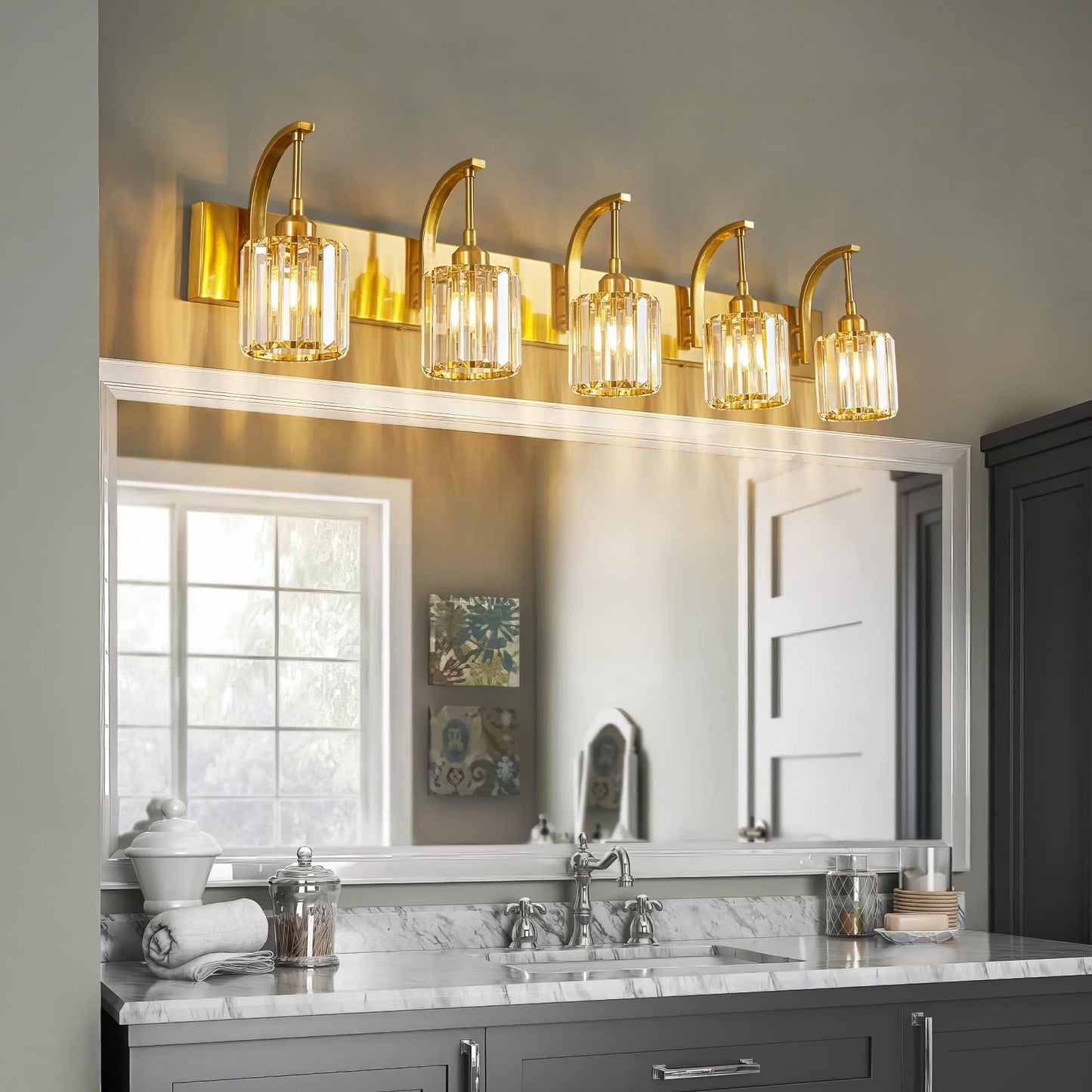 Fdpby 5-Light Crystal Vanity Light  Modern Gold Bathroom Wall Sconce With K9 Crystal Shades  42.51 Long Over Mirror Lighting For Vanity  Makeup  Hallway  Elegant & Easy Installation