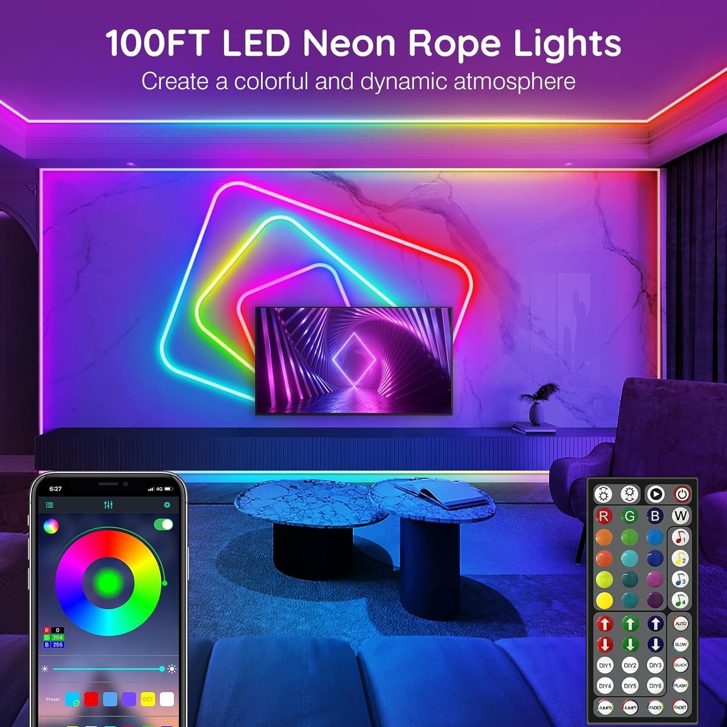 NUERPO 100Ft Neon Rope Lights, Flexible LED with App/Remote Control, IP65 Waterproof, Music Sync, RGB for Outdoor/Indoor Decor