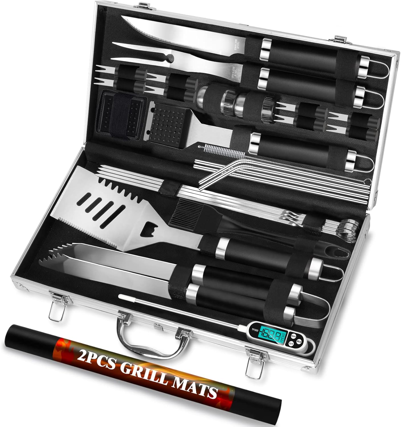 ROMANTICIST 30pcs BBQ Grill Tool Set for Men Dad, Heavy Duty Stainless Steel Grill Utensils Set, Non-Slip Grilling Accessories Kit with Thermometer, Mats in Aluminum Case for Fathers Day Black