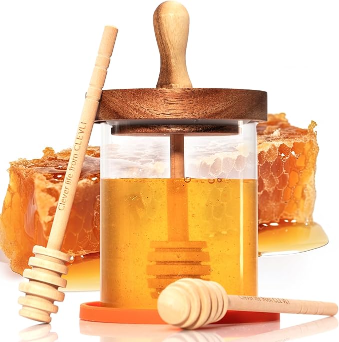 12 oz Honey Pot Set with Silicone Mat, Airtight Wooden Lid, 2 Extra Dippers & Custom Gift Box | Glass Container Honey Jar for Honey & Syrup | Durable & Stylish Kitchenware Food Storage