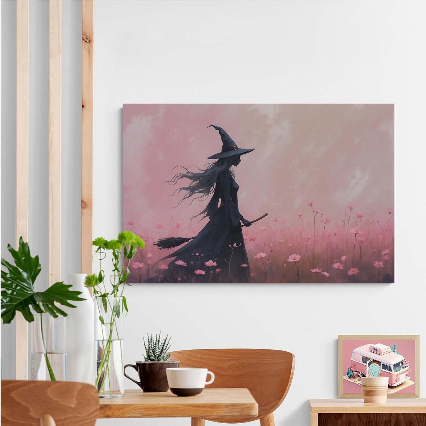JFHCQJPK Witch in the pink sea of flowers Halloween prints weird flowers wall art silhouette painting fashionable romantic decoration suitable for bedroom12x16in Frameless