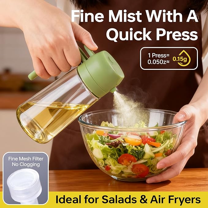 2Pack Glass Oil Sprayer for Cooking 16oz/470ml, Kitchen Gadget for Air Fryer, Salad, BBQ, Frying（Black+Green）