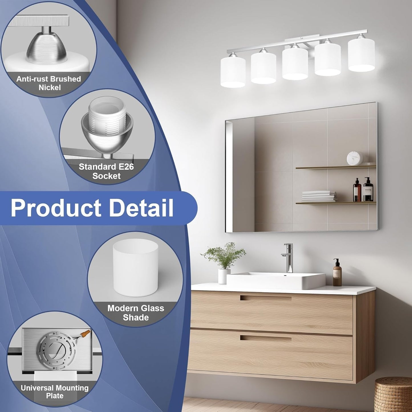 Dekang Bathroom Lighting Fixtures Over Mirror, Anti-Rust Vanity Light Fixture for Bathroom, Modern 5-Light Wall Sconce Light for Living Room, E26 Base, Milky White Glass Shades, Bulbs Not Included